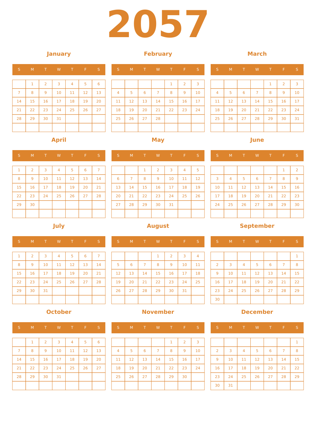 Printable 2057 Year Calendars orange