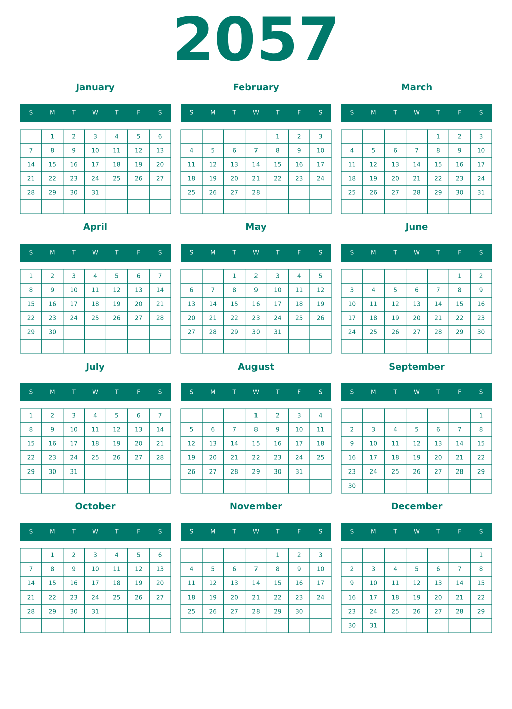 Printable 2057 Year Calendars pastel