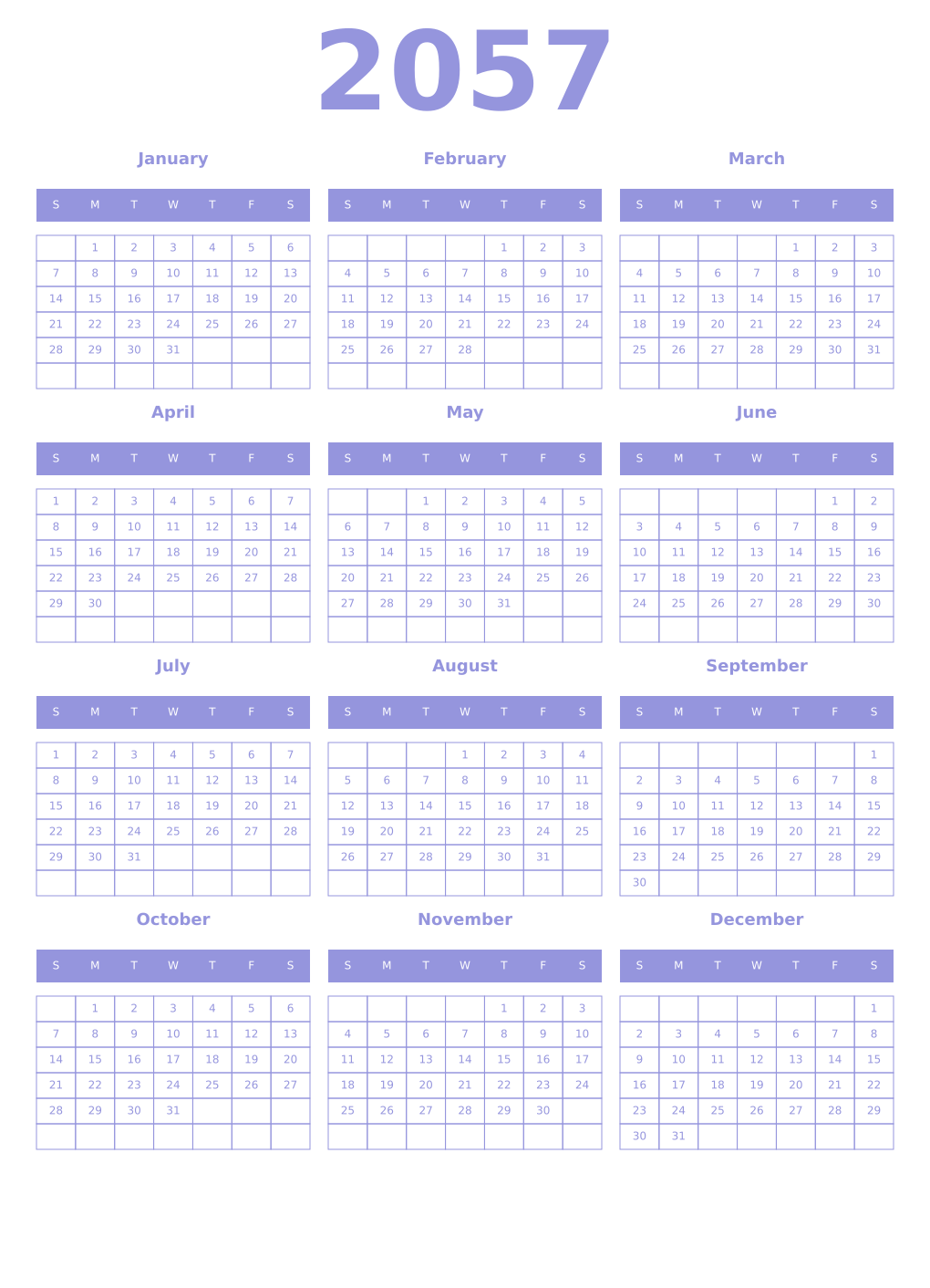 Printable 2057 Year Calendars periwinkle