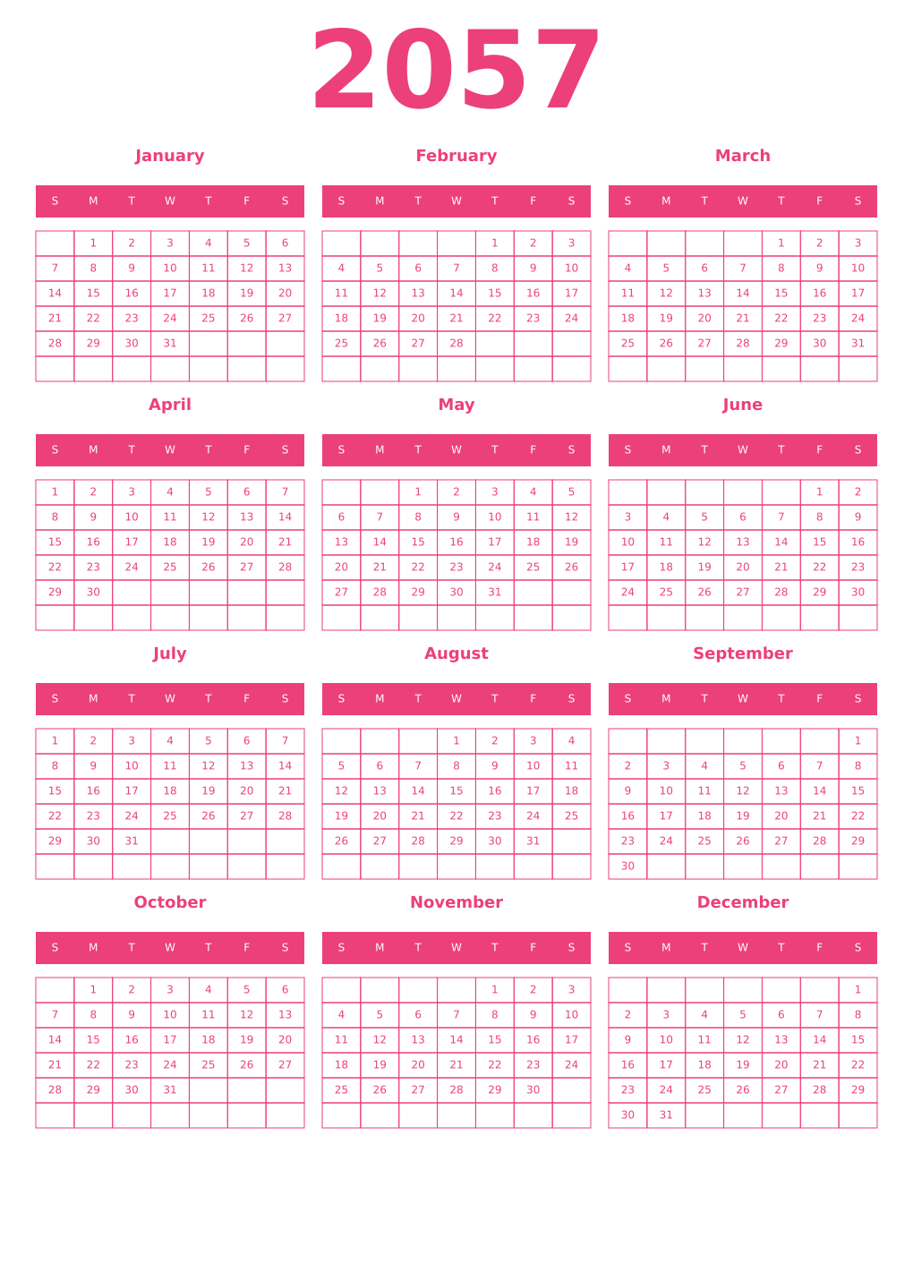 Printable 2057 Year Calendars pink