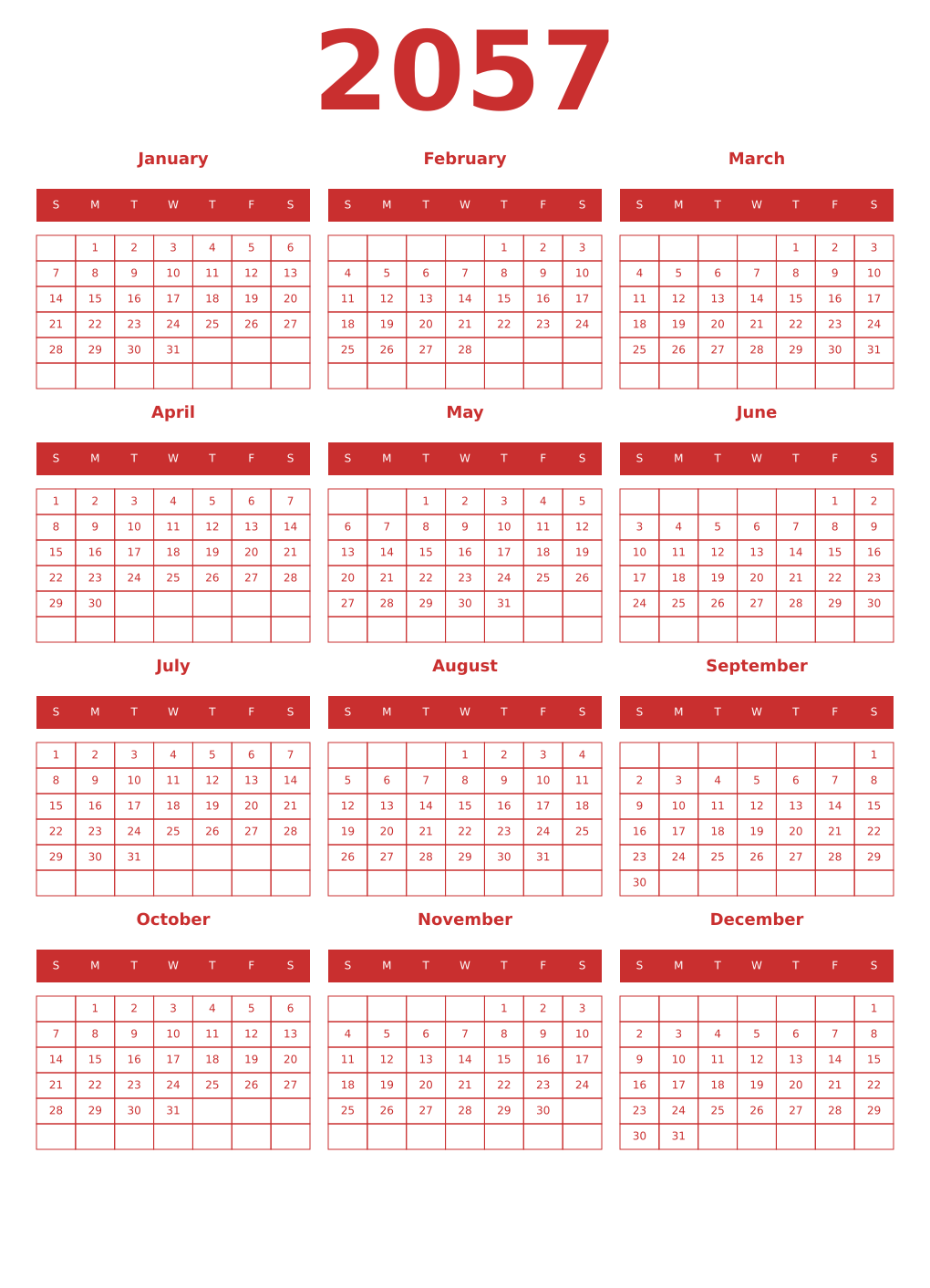 Printable 2057 Year Calendars red