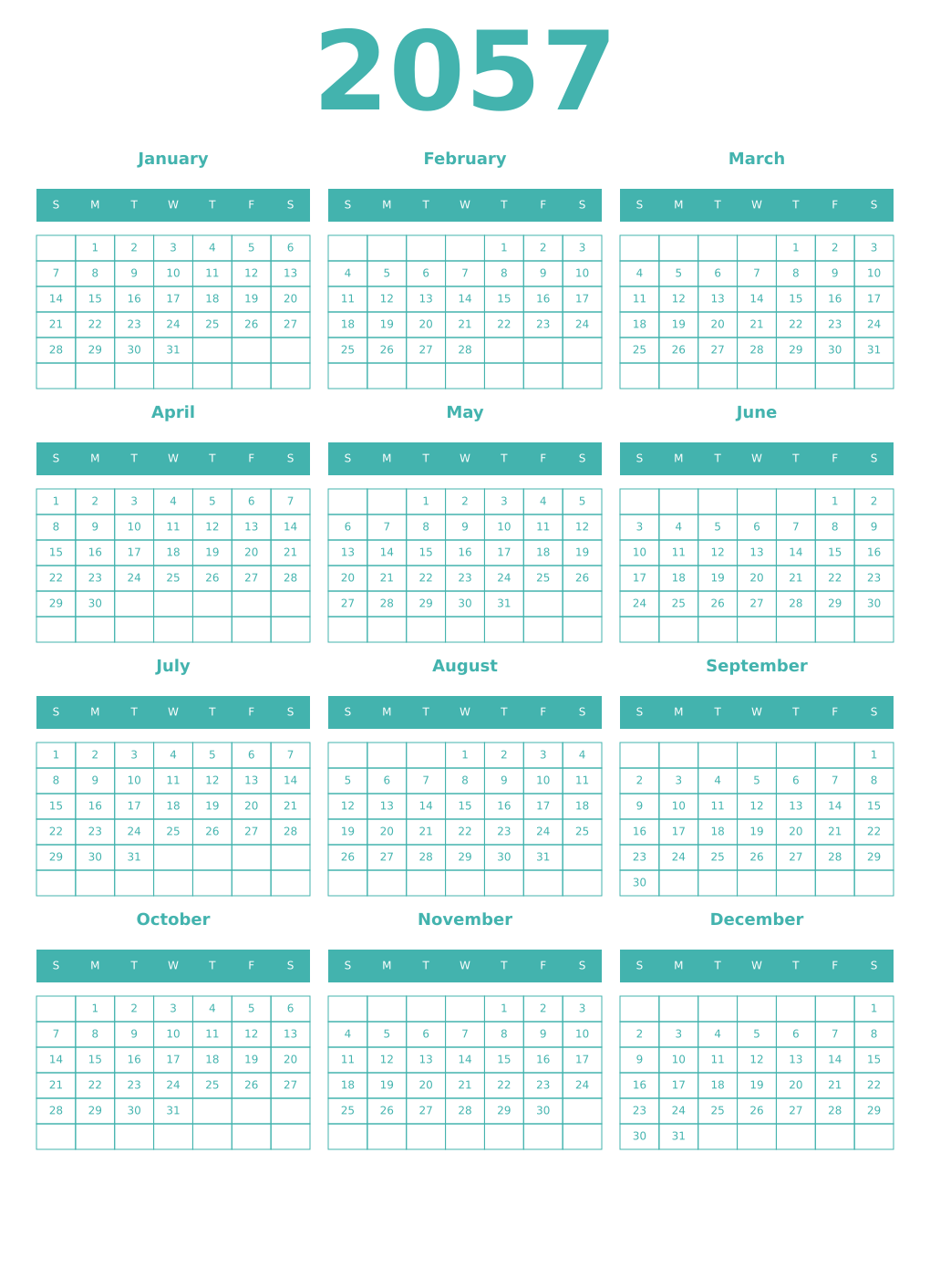 Printable 2057 Year Calendars verdigris
