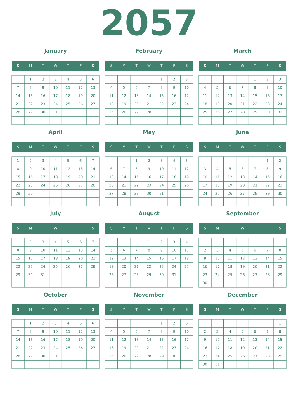 Printable 2057 Year Calendars viridian