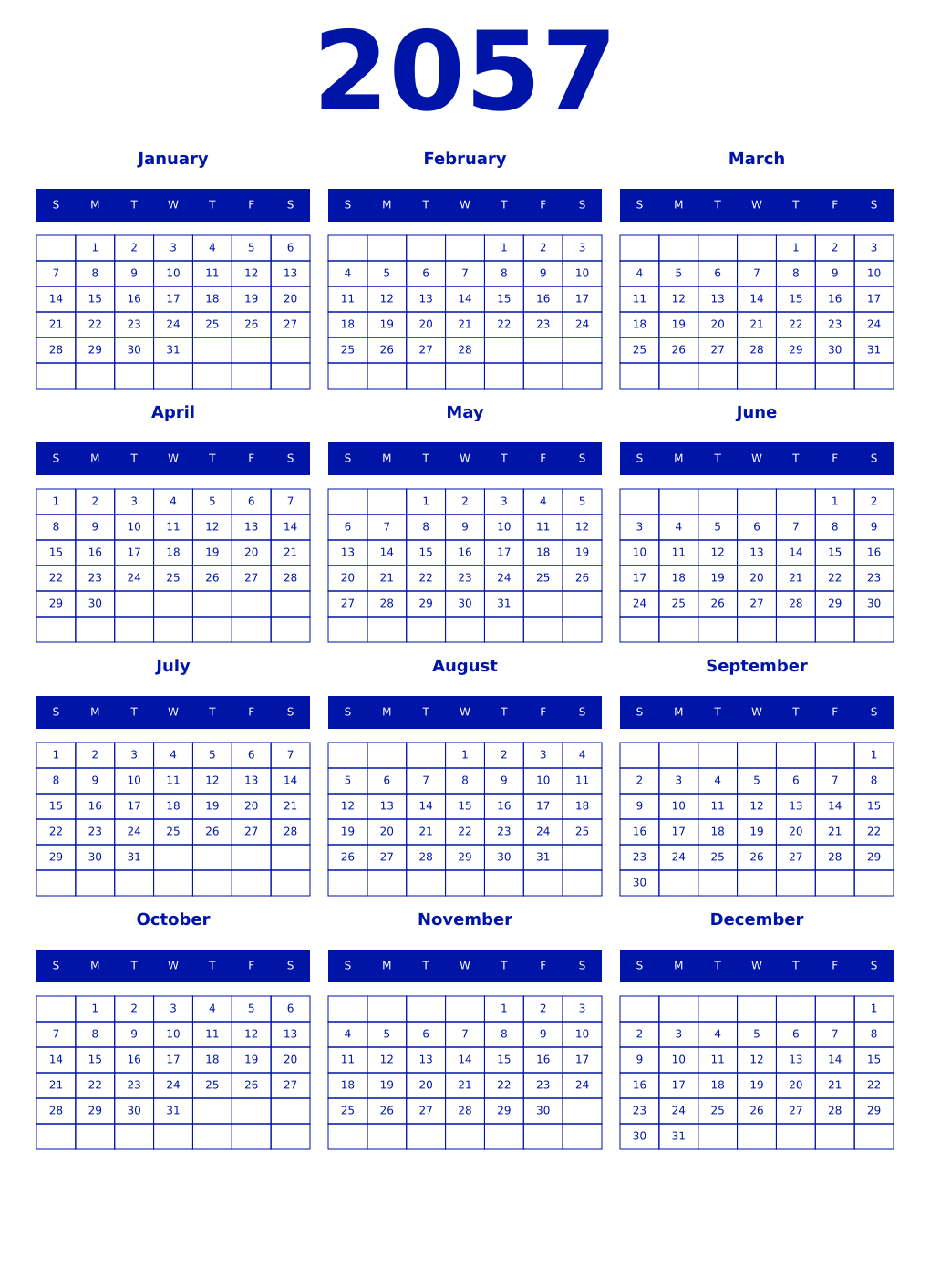 Printable 2057 Year Calendars zaffre