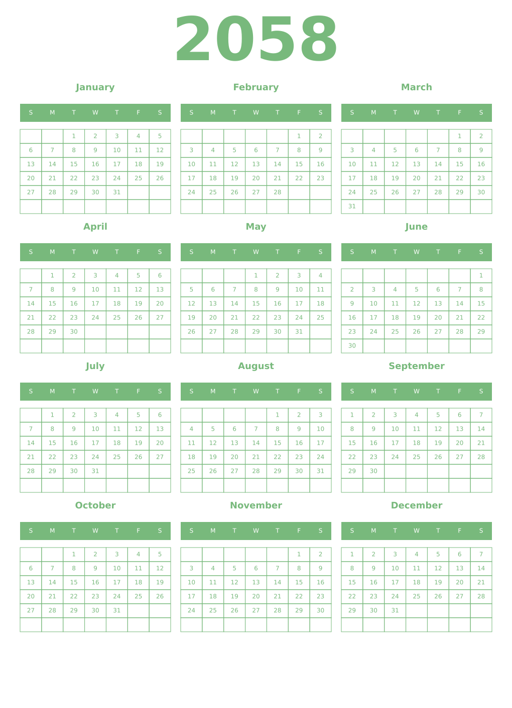 Printable 2058 Year Calendars celadon