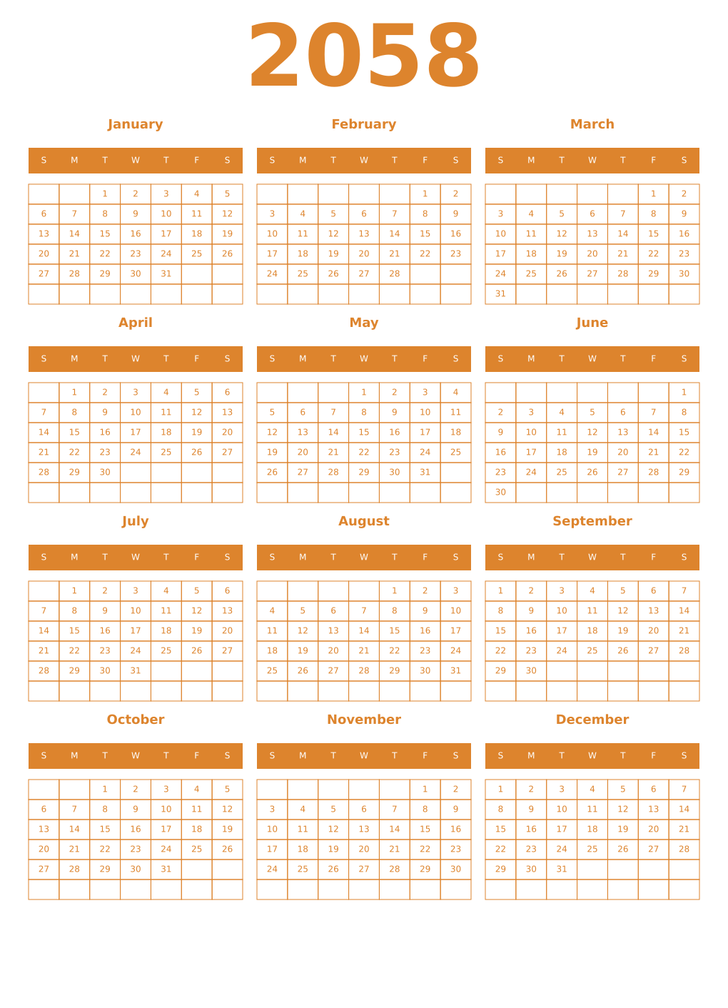 Printable 2058 Year Calendars orange