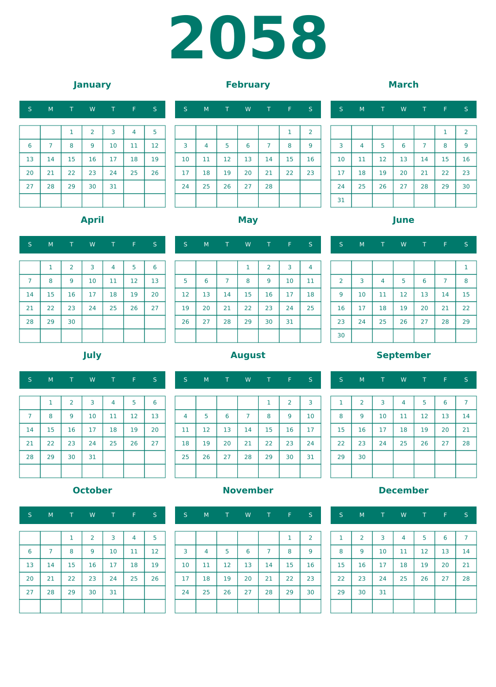 Printable 2058 Year Calendars pastel