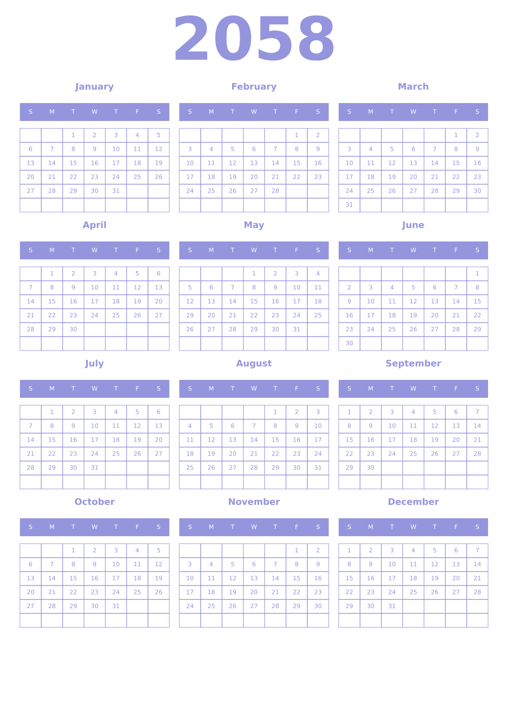 Printable 2058 Year Calendars periwinkle