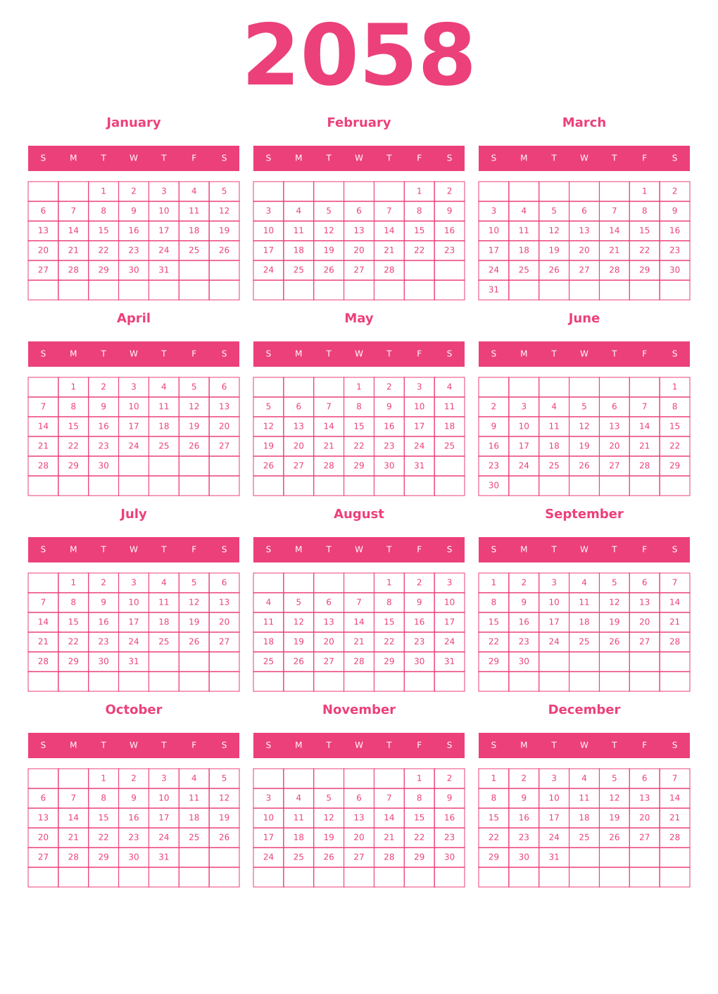 Printable 2058 Year Calendars pink