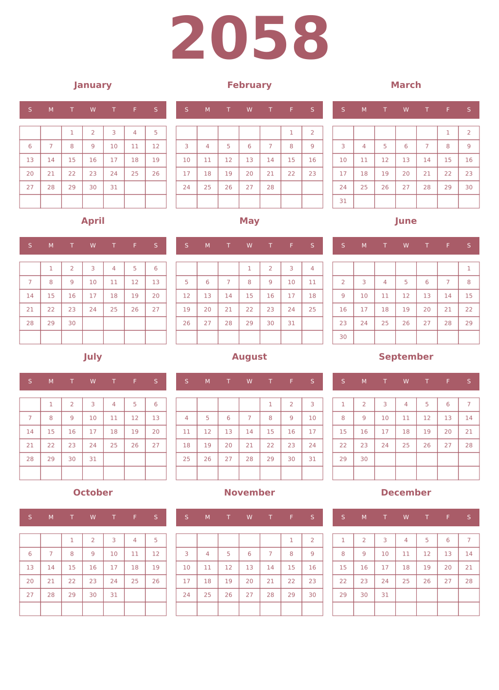 Printable 2058 Year Calendars puce