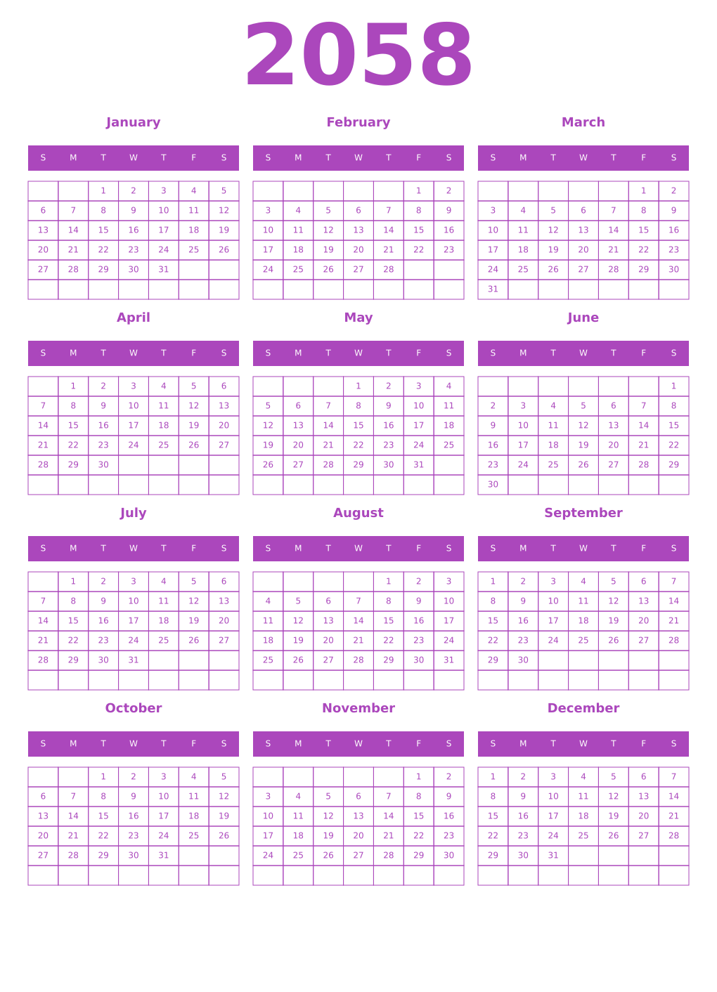 Printable 2058 Year Calendars purple