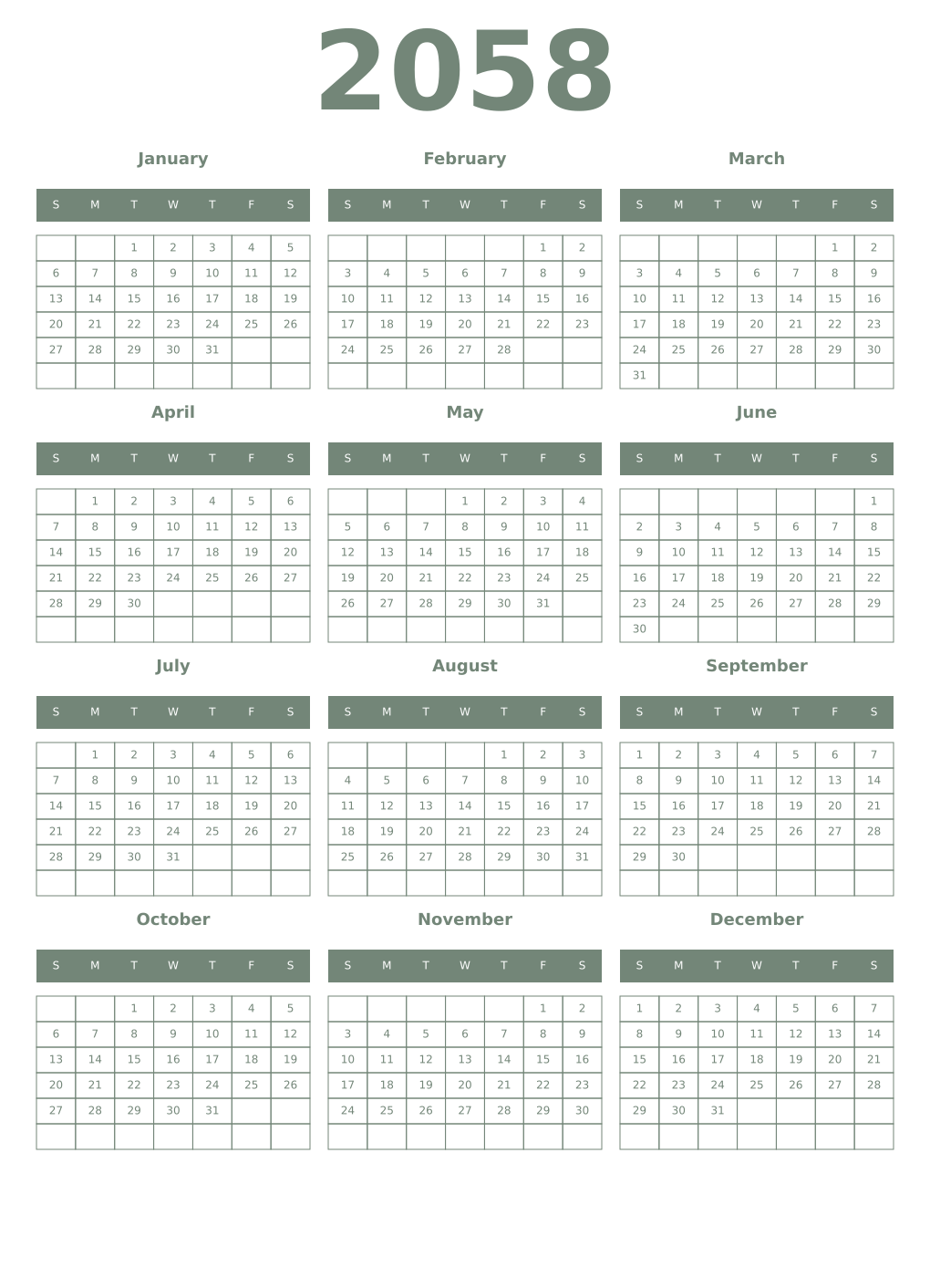 Printable 2058 Year Calendars xanadu