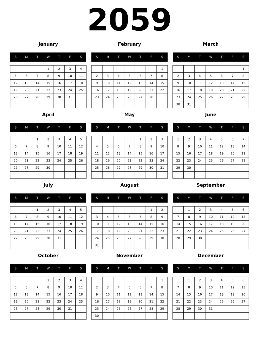 Printable 2059 Year Calendars black