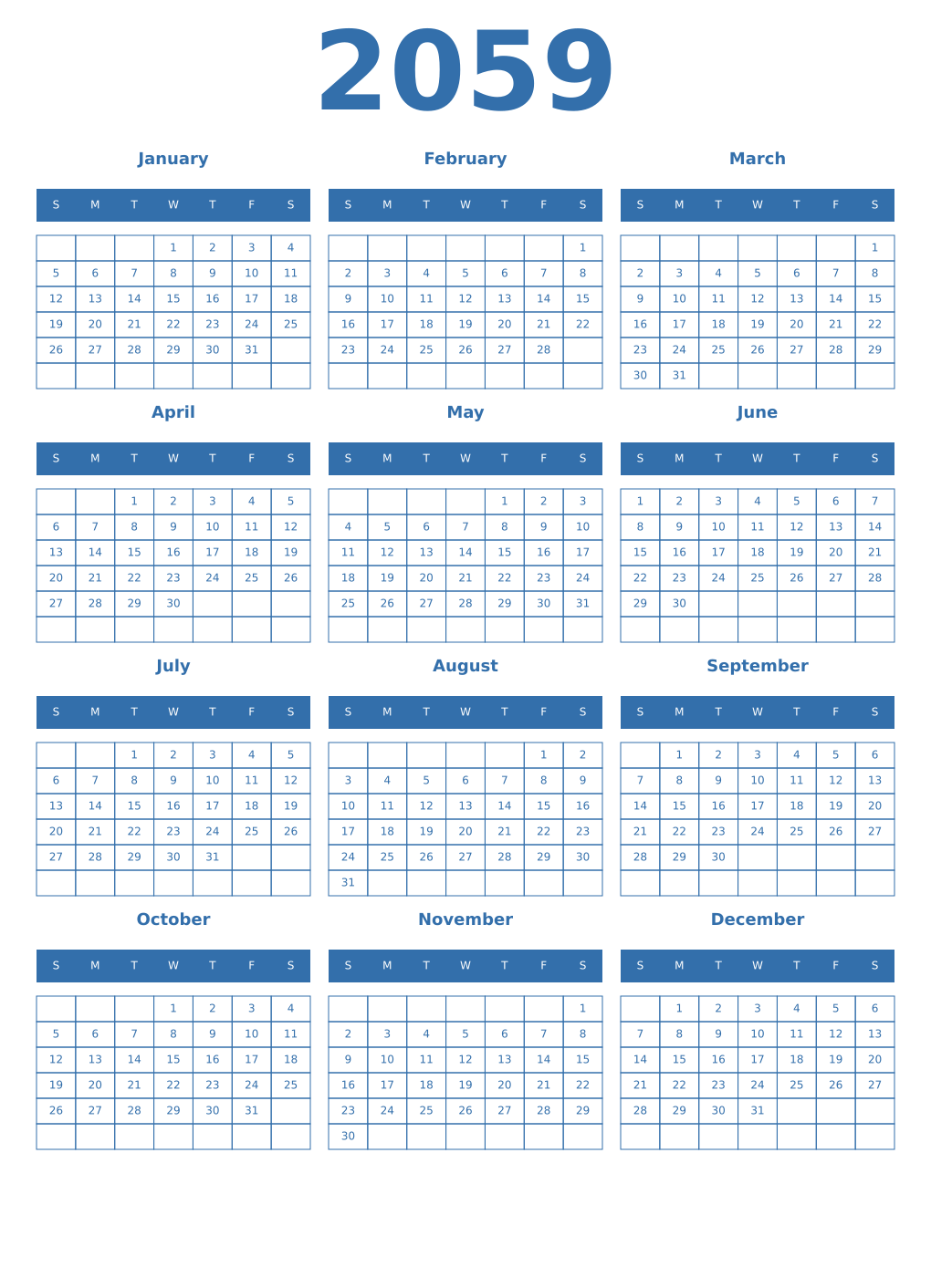 Printable 2059 Year Calendars blue