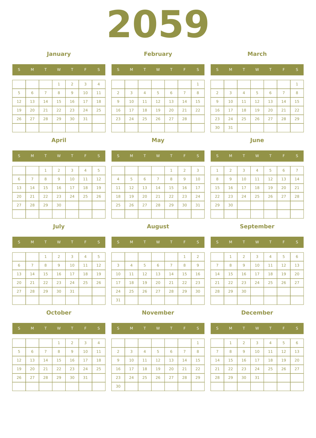Printable 2059 Year Calendars eburnean