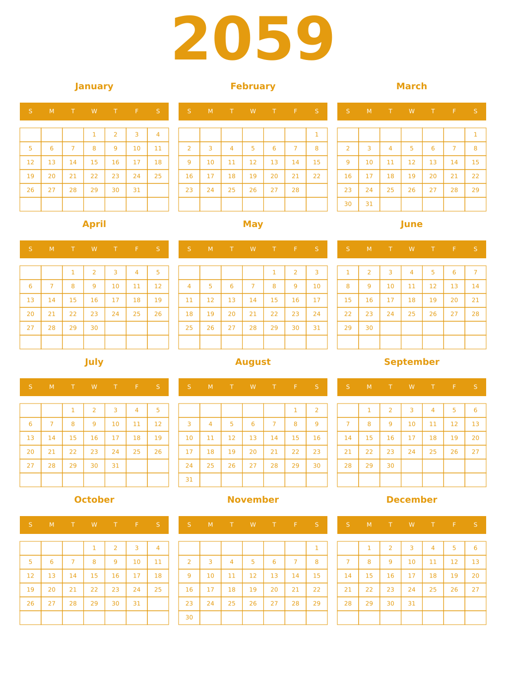 Printable 2059 Year Calendars gamboge
