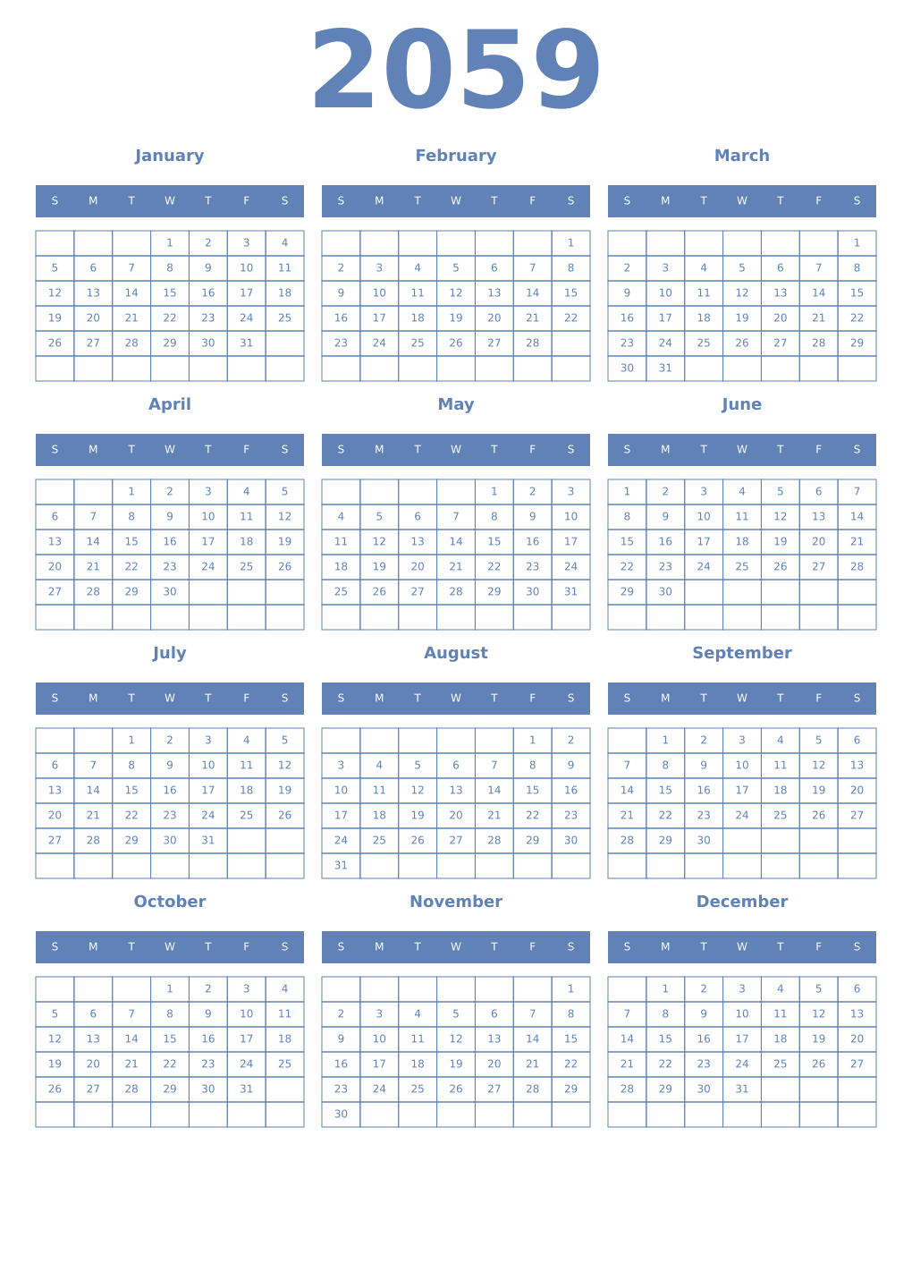 Printable 2059 Year Calendars glaucous