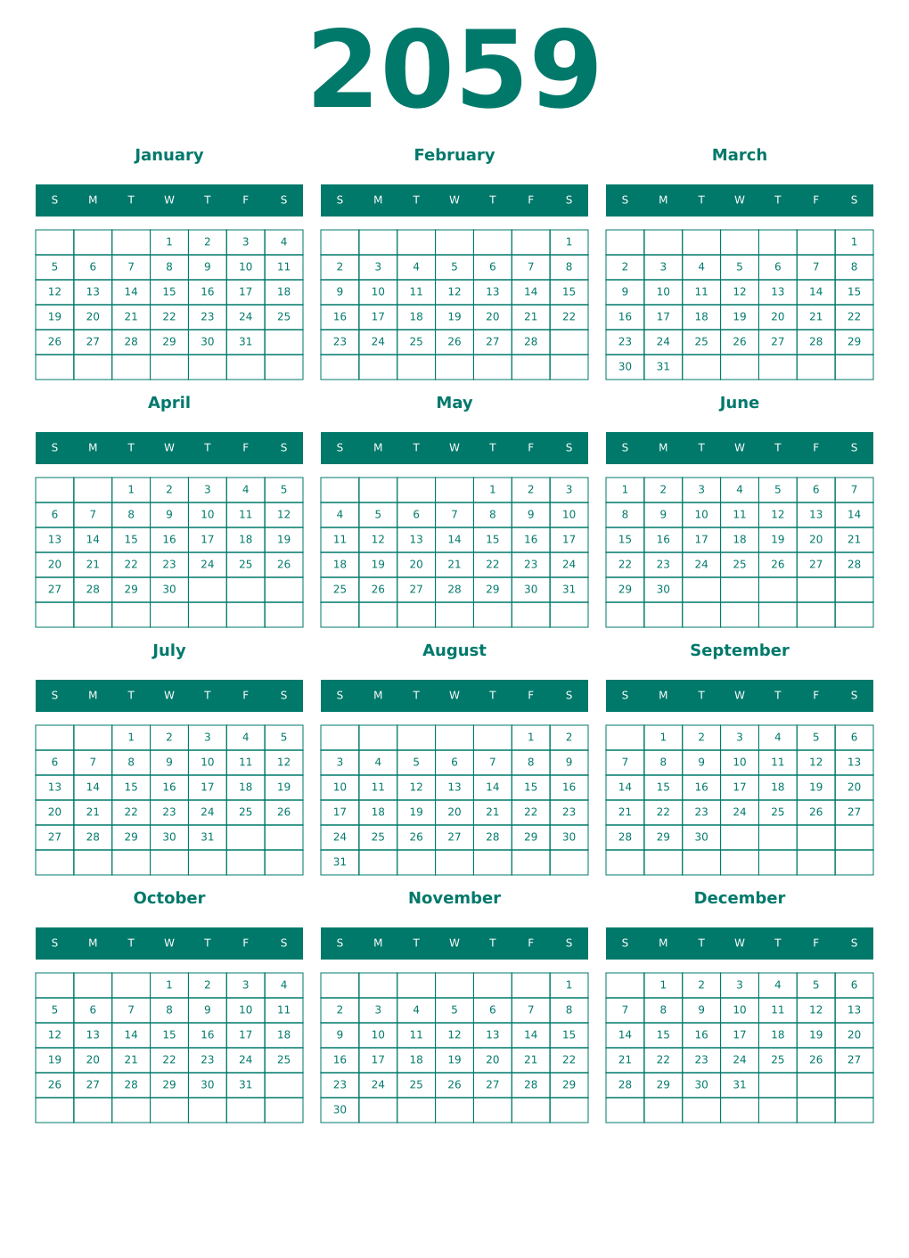 Printable 2059 Year Calendars pastel