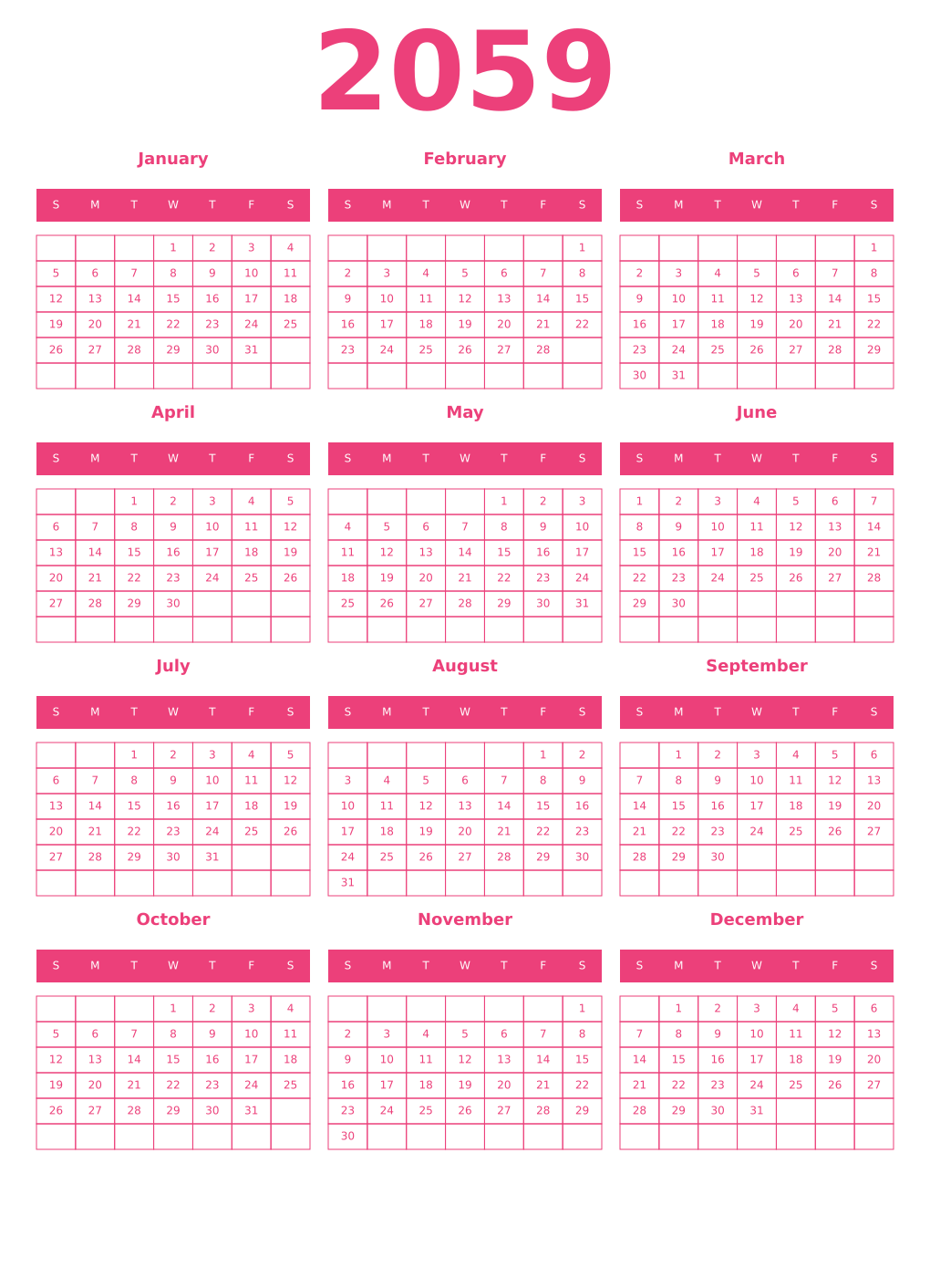 Printable 2059 Year Calendars pink