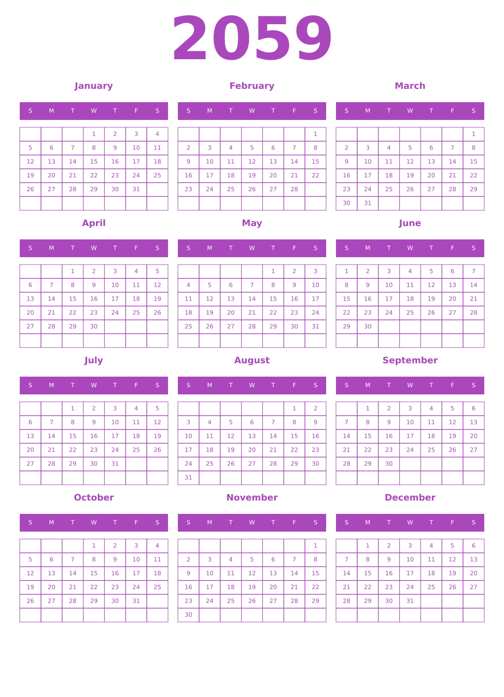 Printable 2059 Year Calendars purple