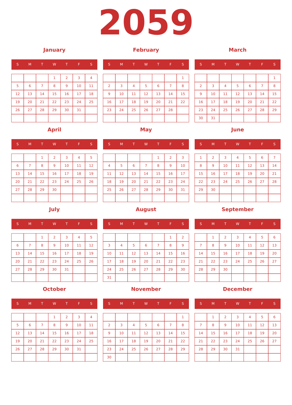 Printable 2059 Year Calendars red