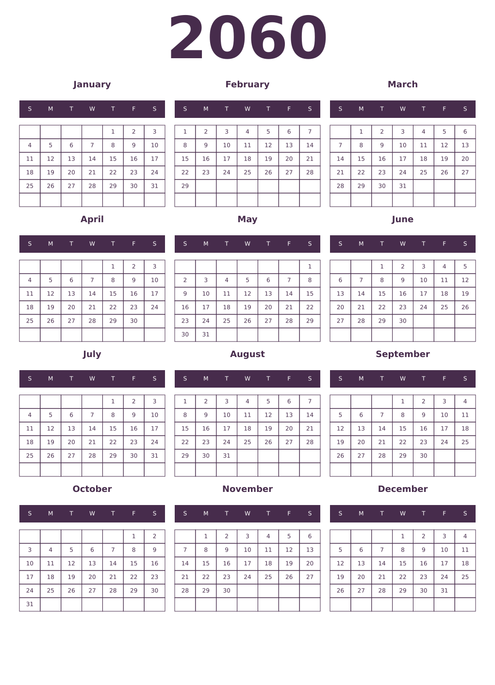 Printable 2060 Year Calendars aubergine