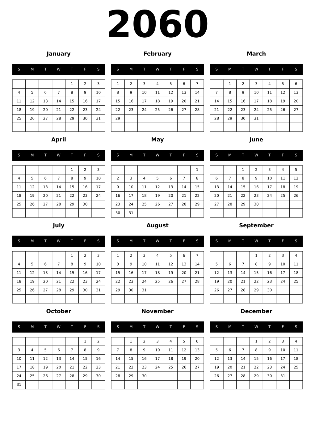 Printable 2060 Year Calendars black