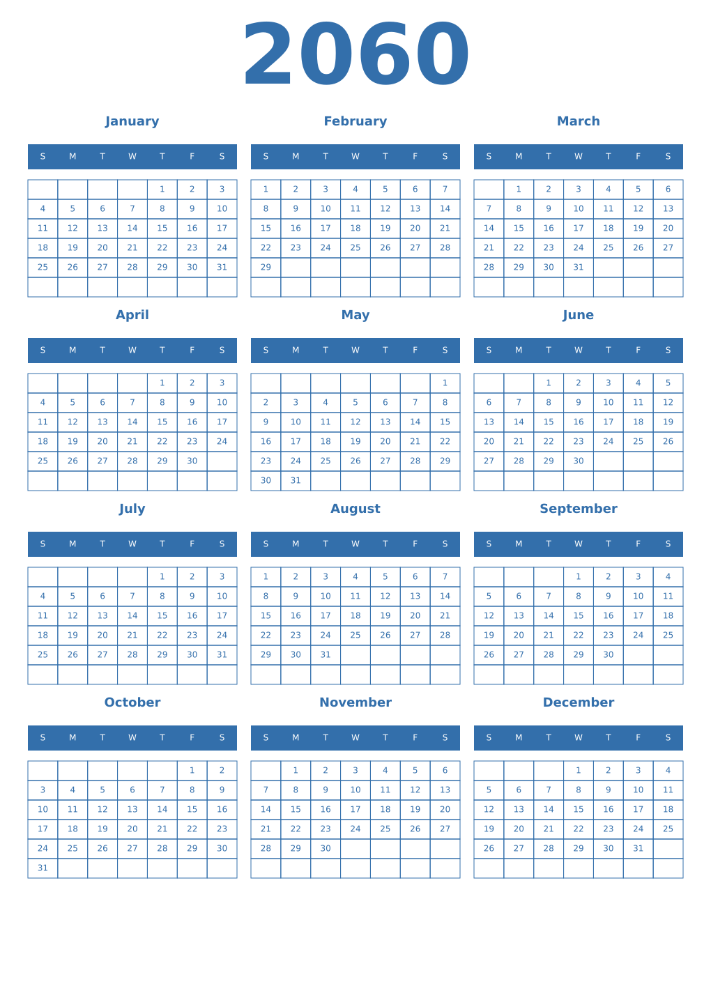 Printable 2060 Year Calendars blue