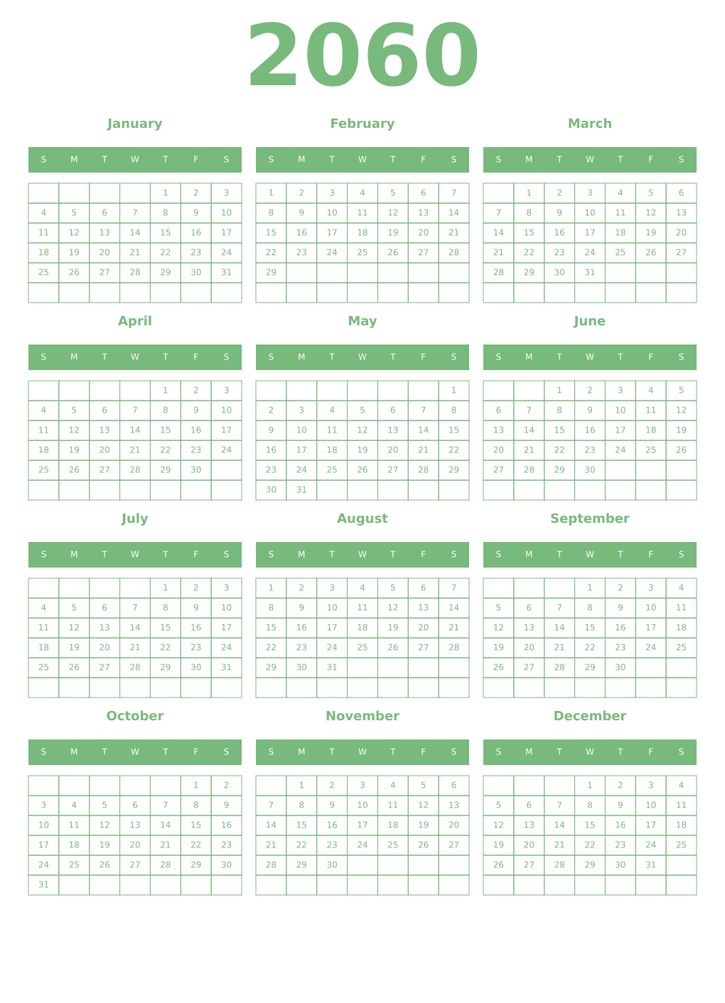 Printable 2060 Year Calendars celadon