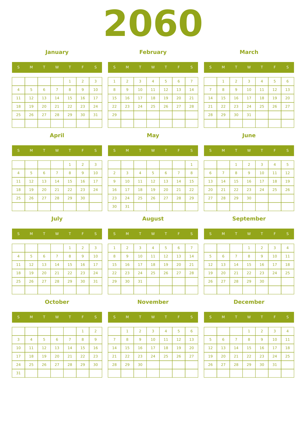 Printable 2060 Year Calendars chartreuse