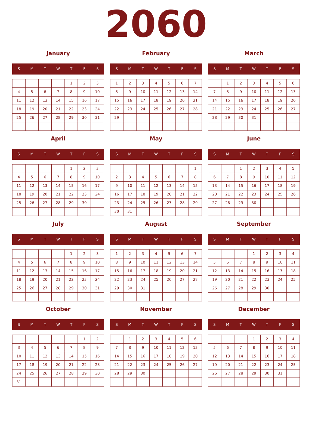 Printable 2060 Year Calendars falu