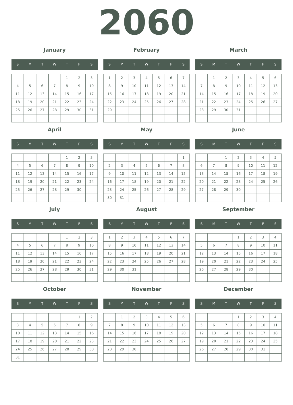 Printable 2060 Year Calendars feldgrau