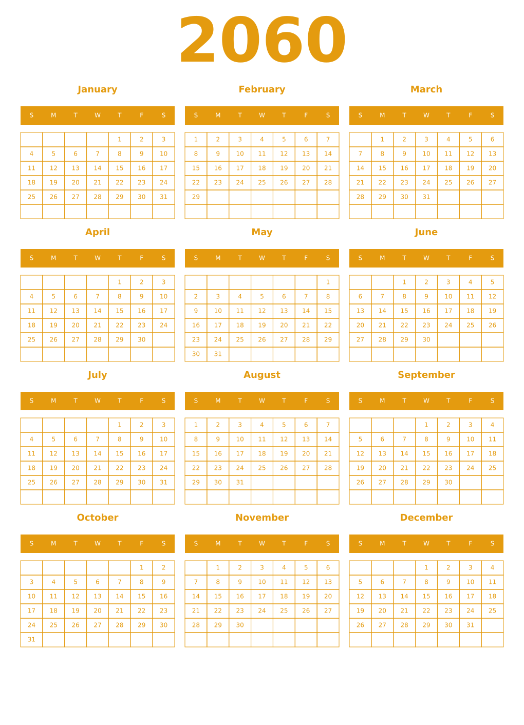 Printable 2060 Year Calendars gamboge