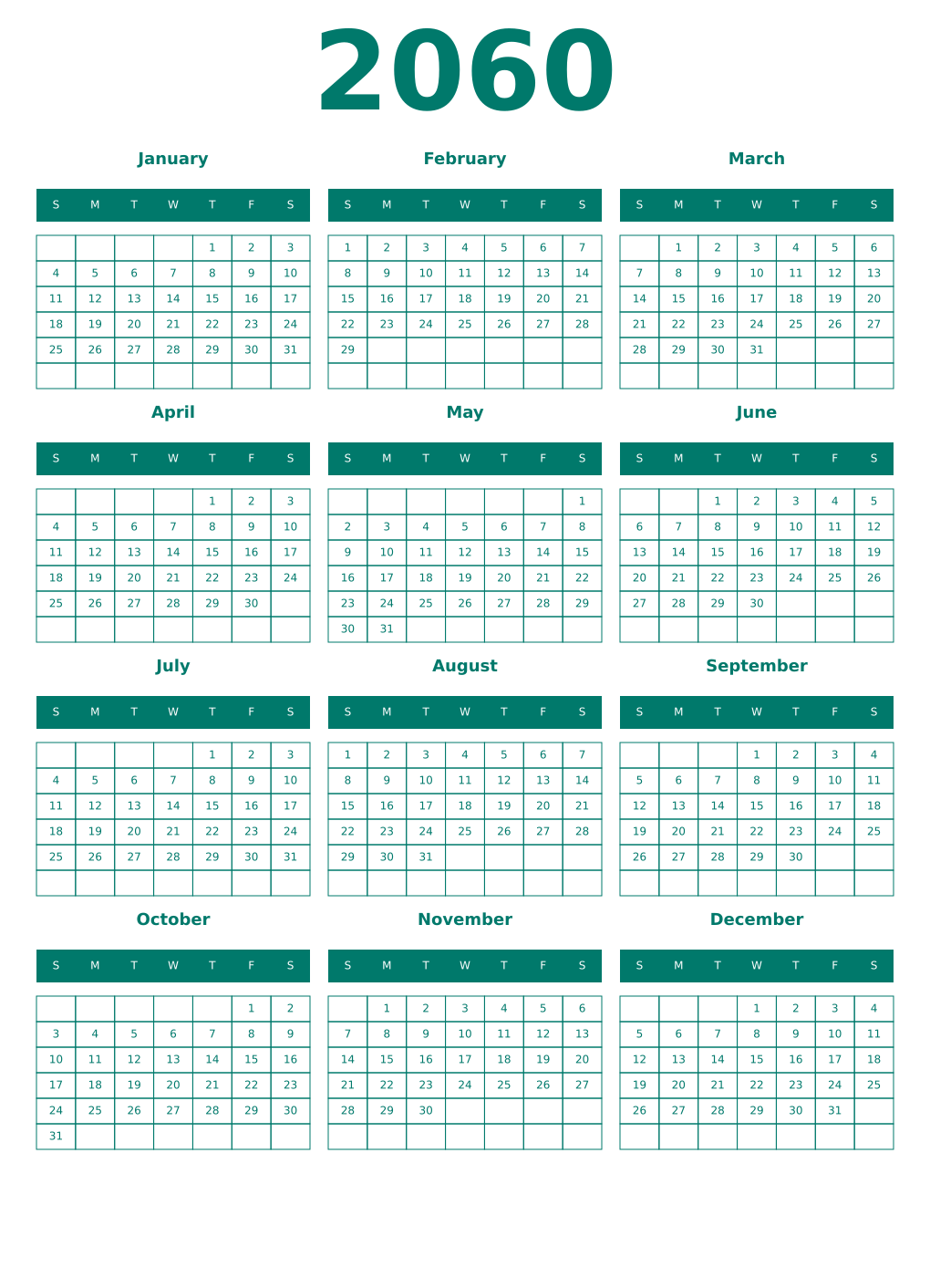 Printable 2060 Year Calendars pastel