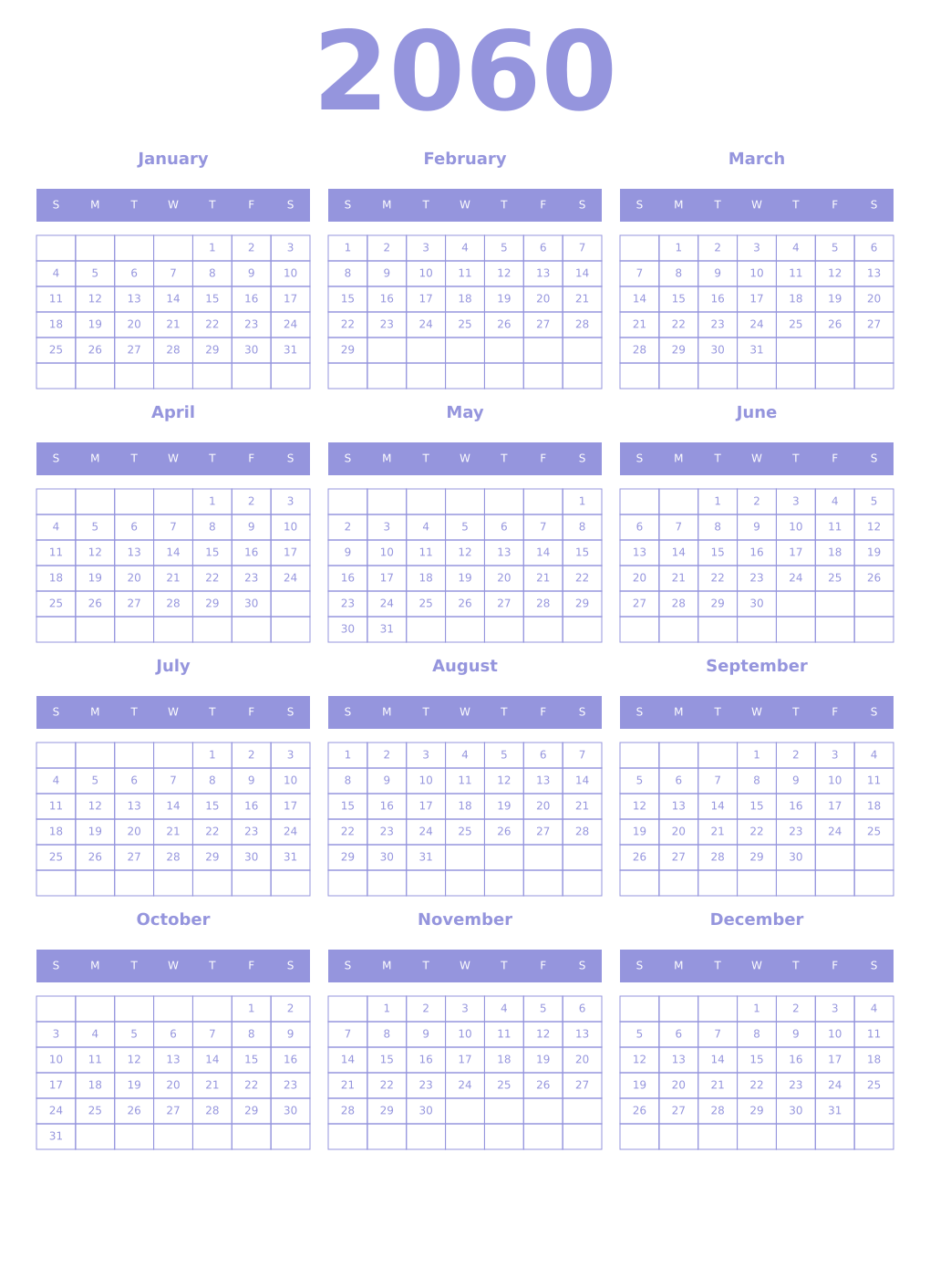 Printable 2060 Year Calendars periwinkle