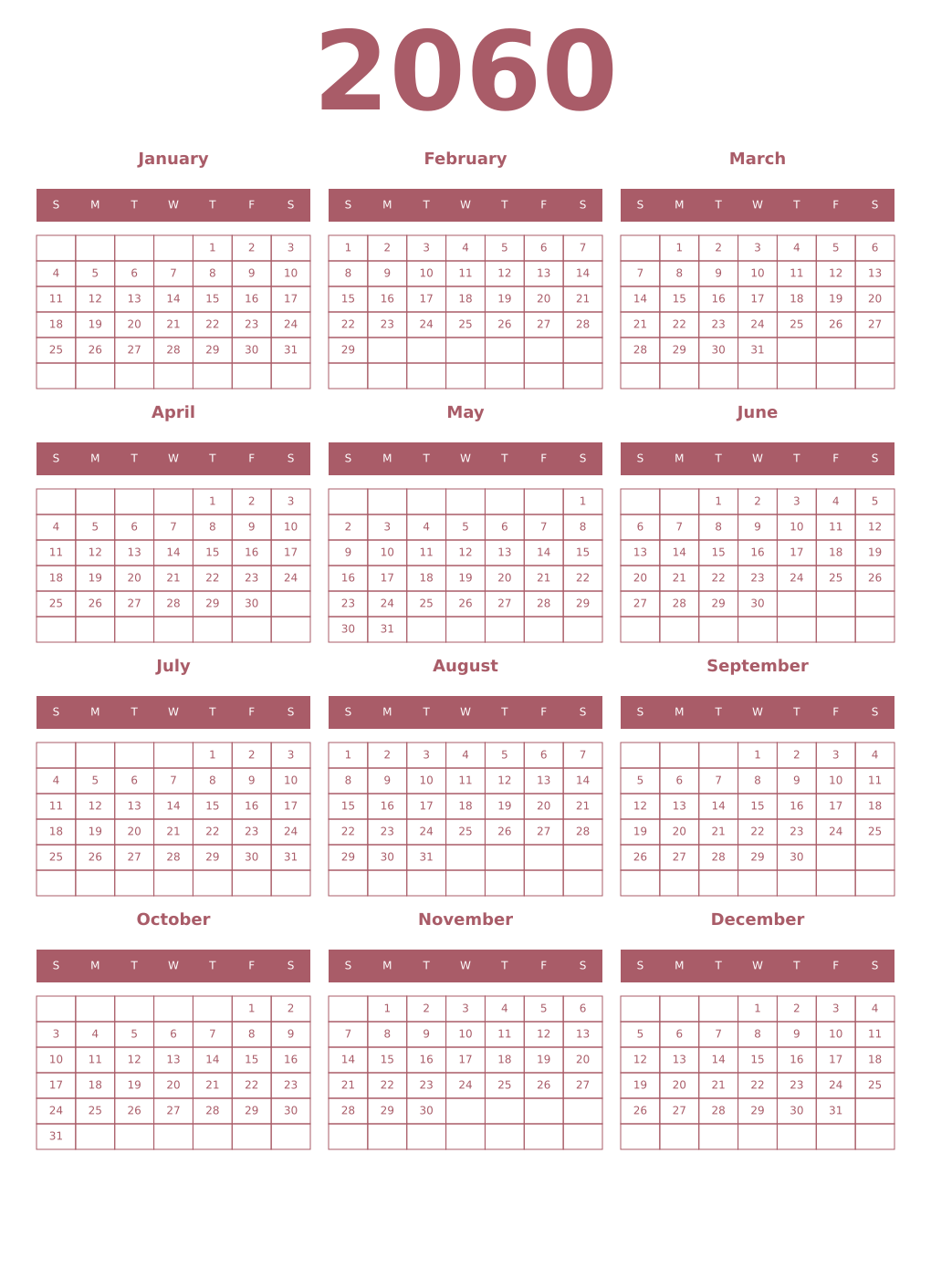 Printable 2060 Year Calendars puce