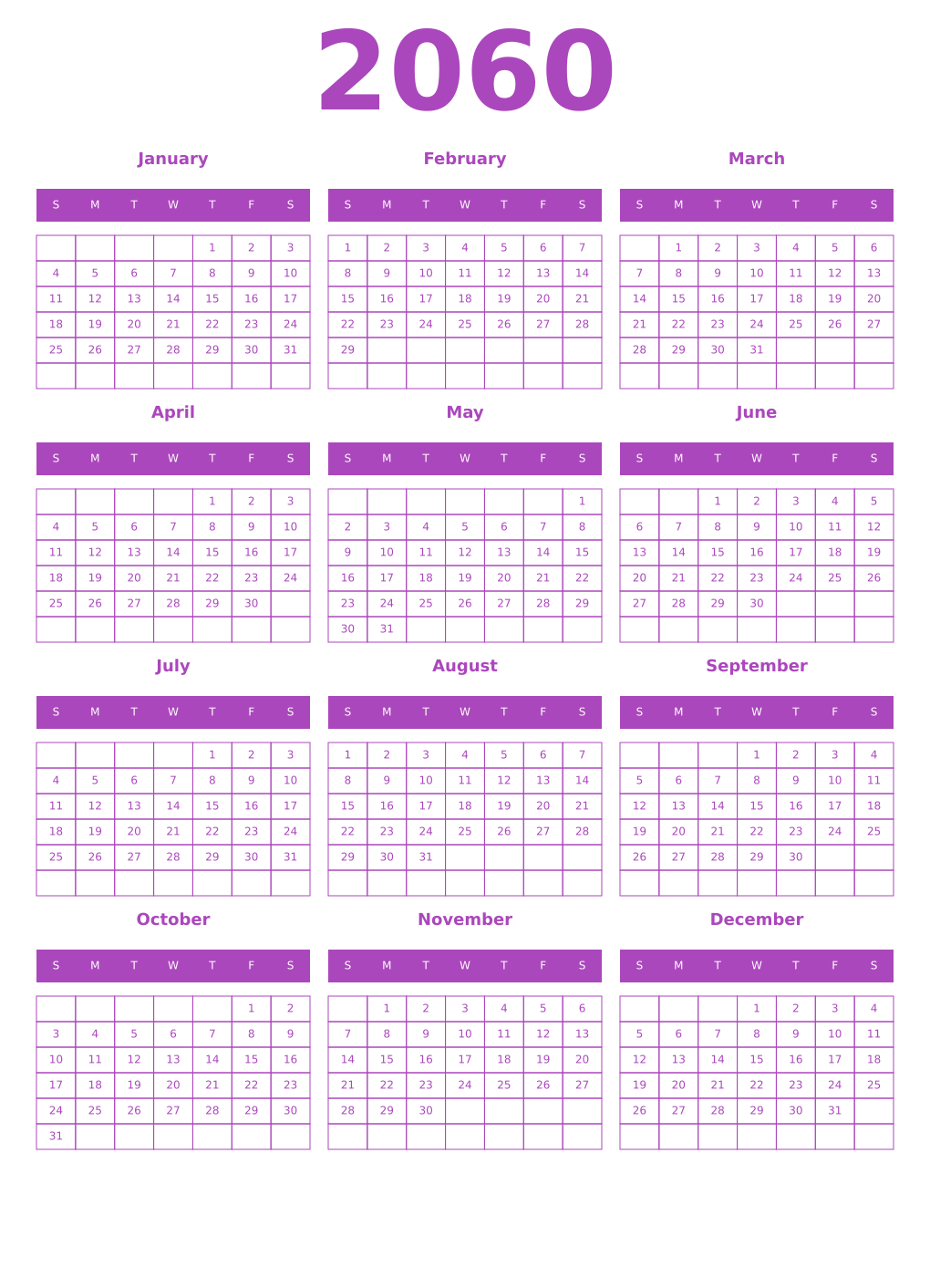 Printable 2060 Year Calendars purple