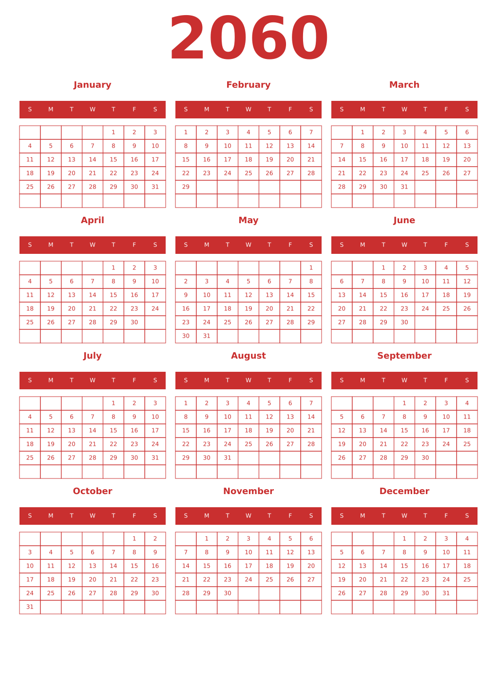 Printable 2060 Year Calendars red