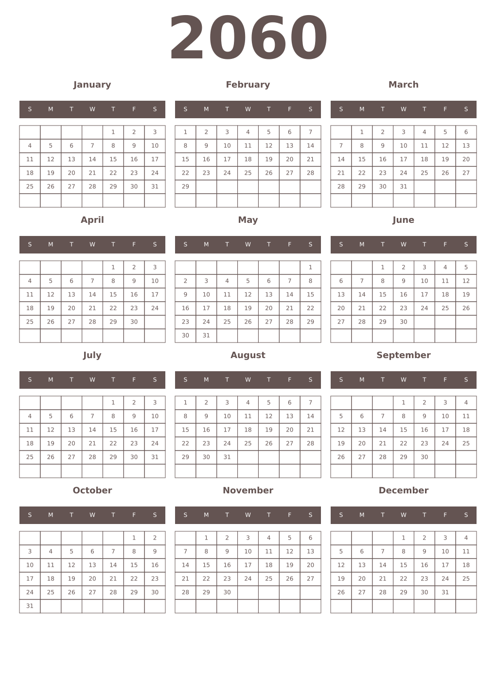 Printable 2060 Year Calendars wenge