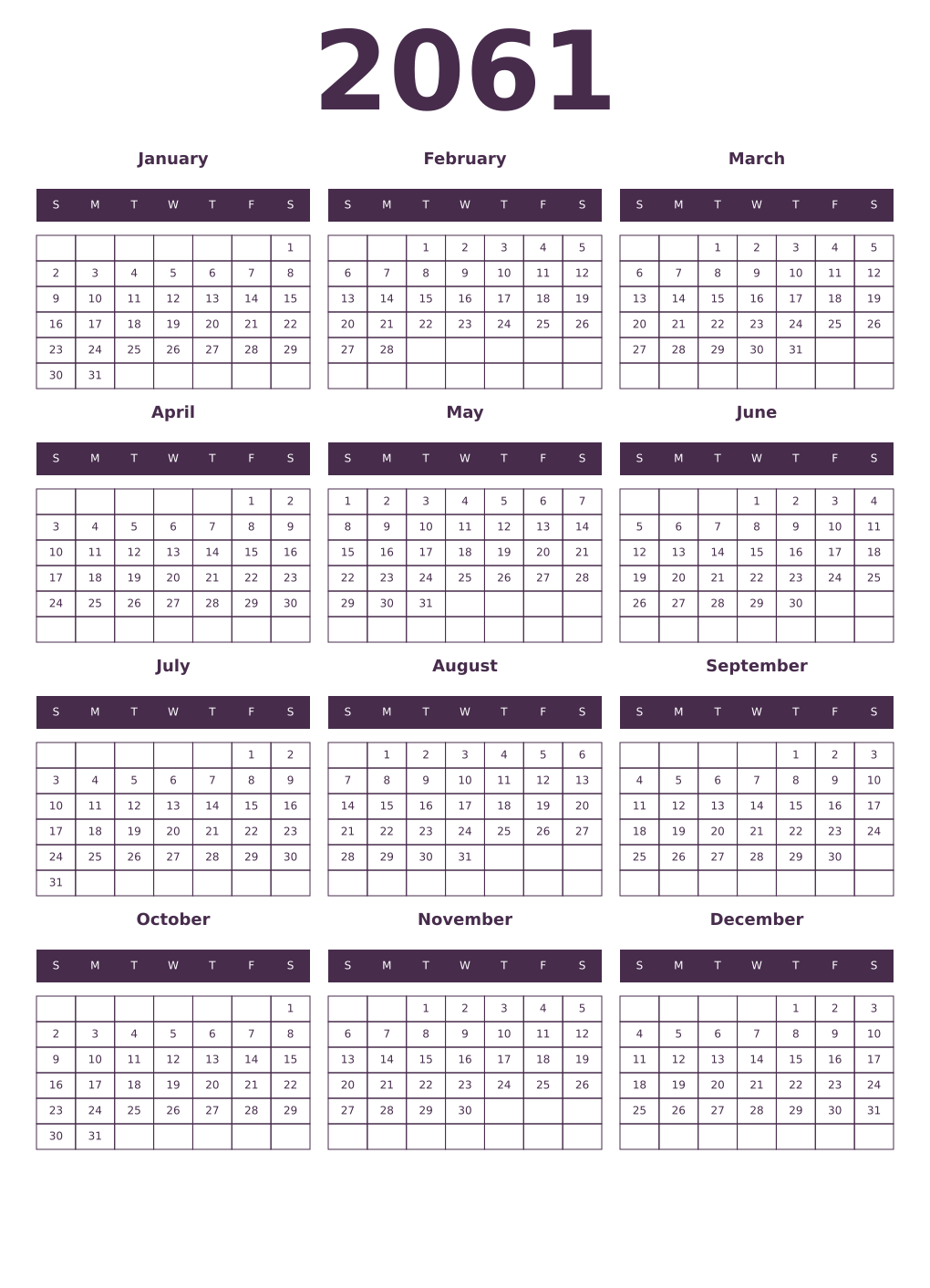 Printable 2061 Year Calendars aubergine