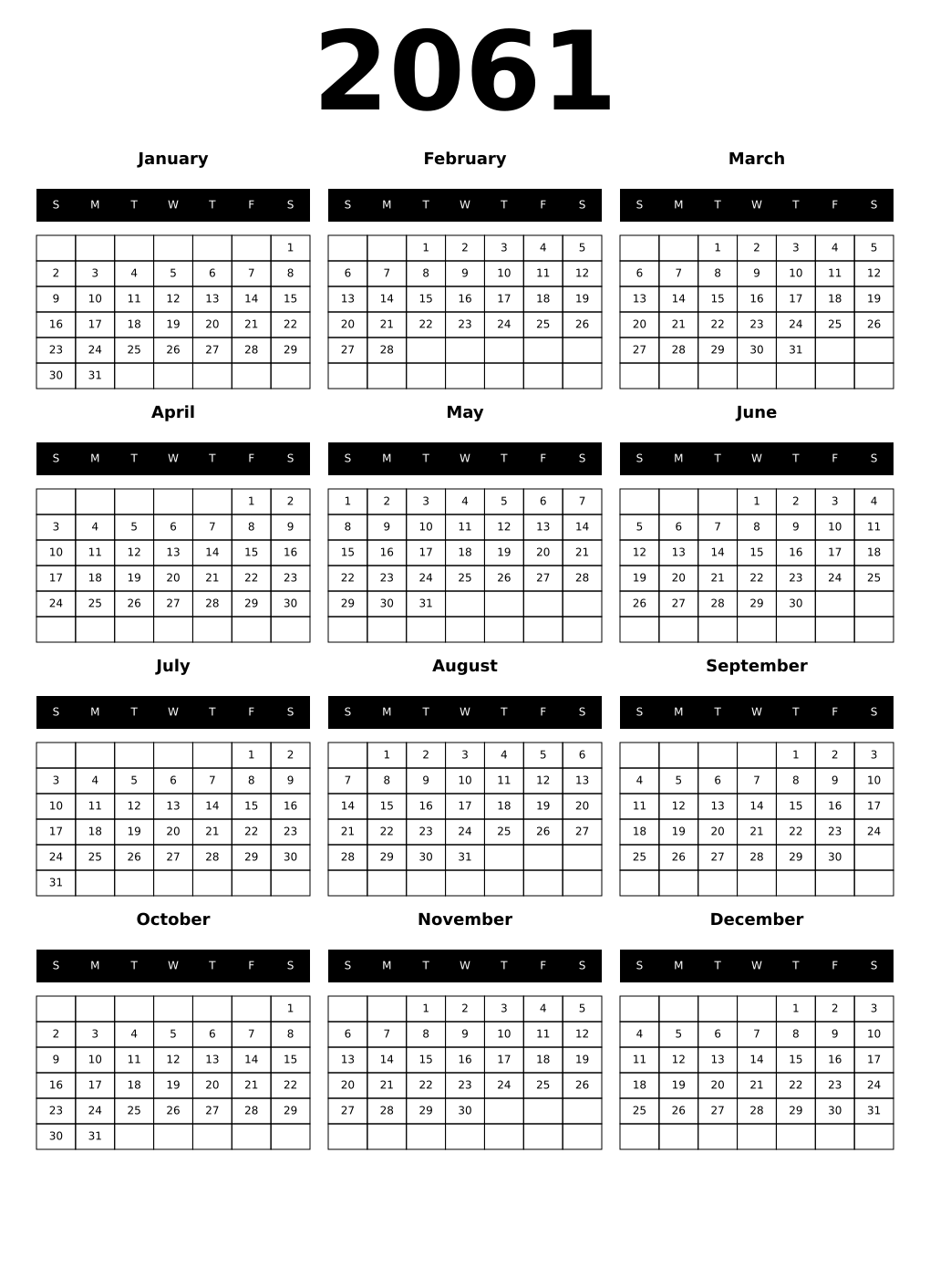 Printable 2061 Year Calendars black