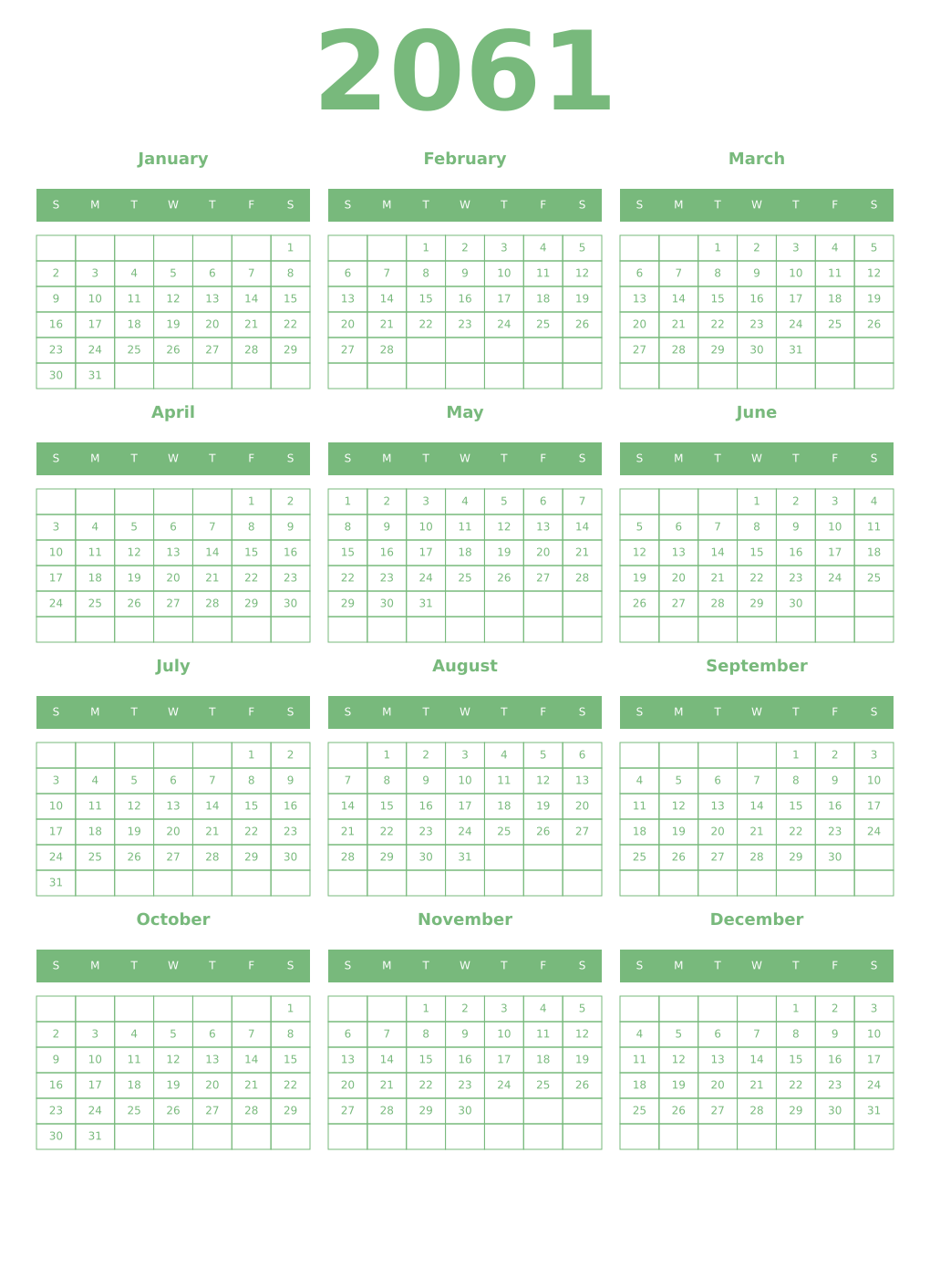 Printable 2061 Year Calendars celadon