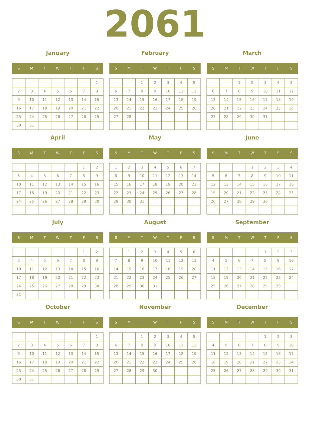 Printable 2061 Year Calendars eburnean