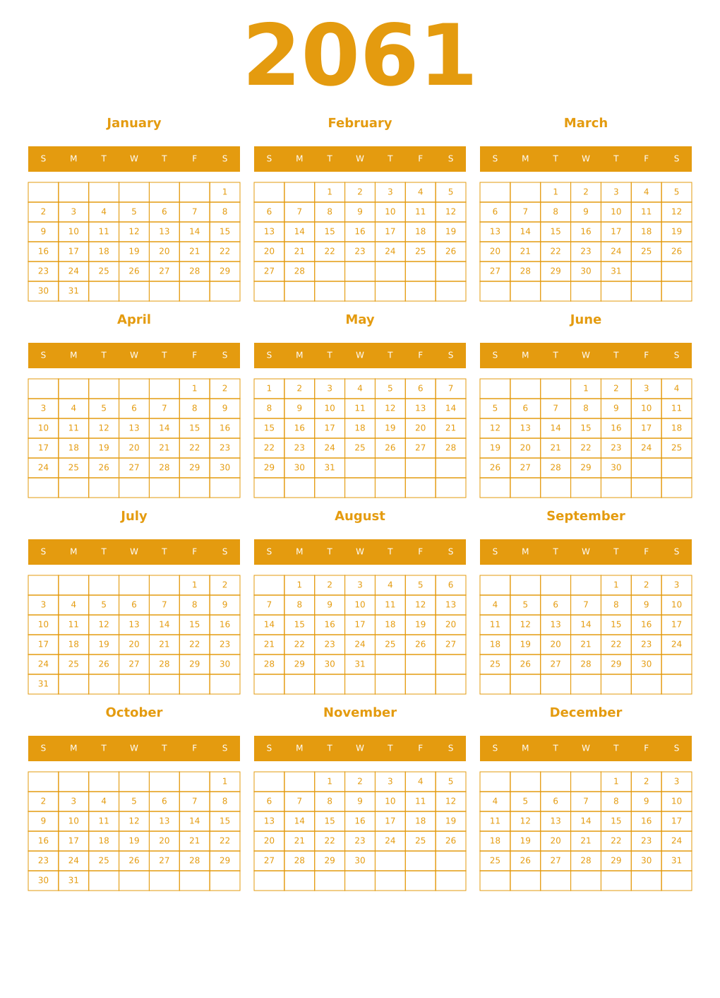 Printable 2061 Year Calendars gamboge