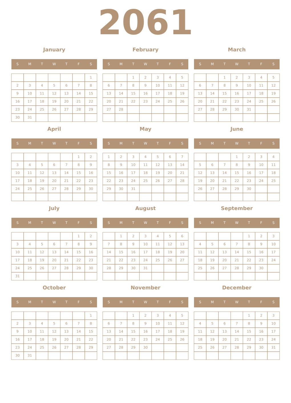 Printable 2061 Year Calendars isabelline