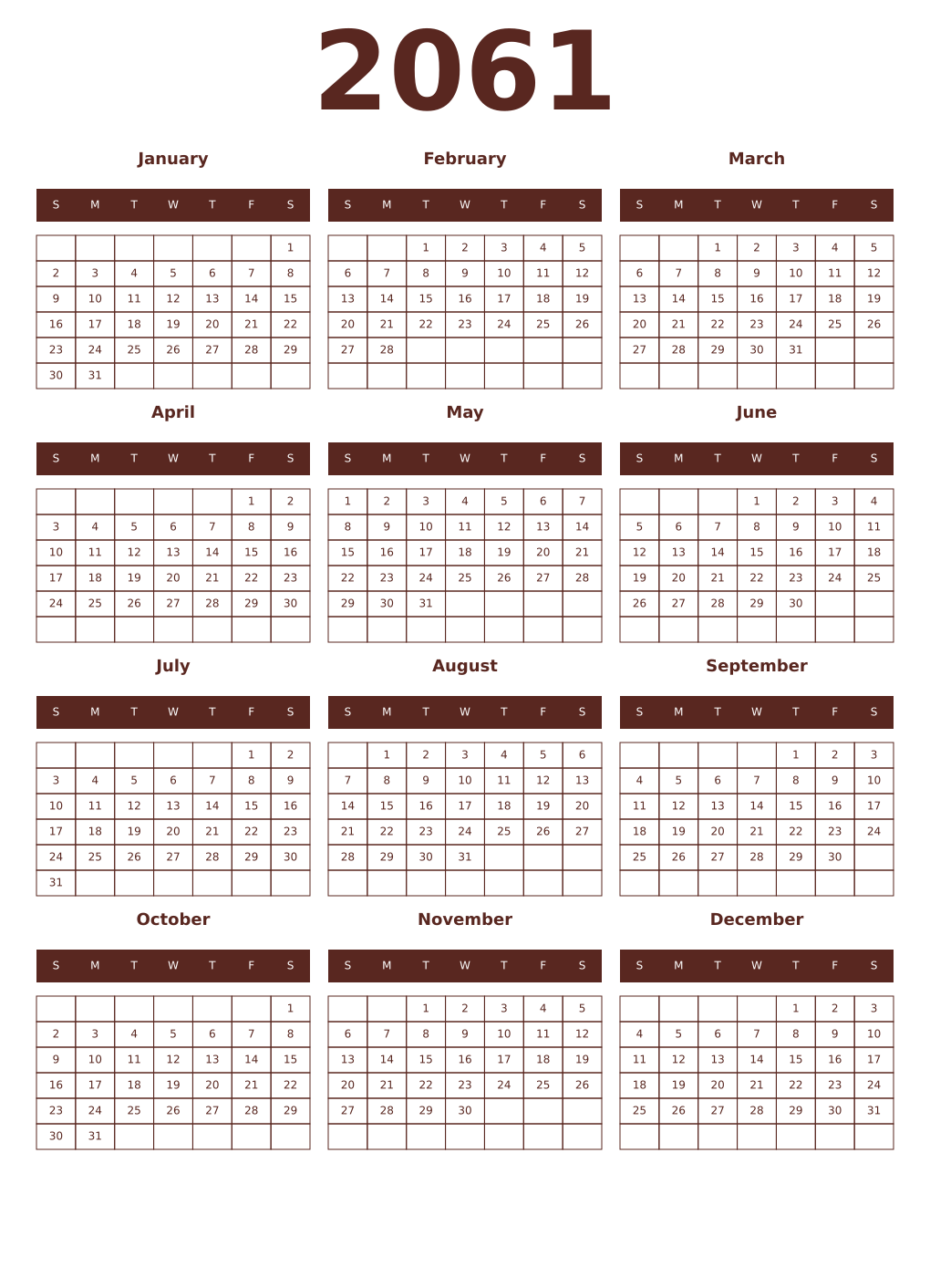 Printable 2061 Year Calendars mortuum