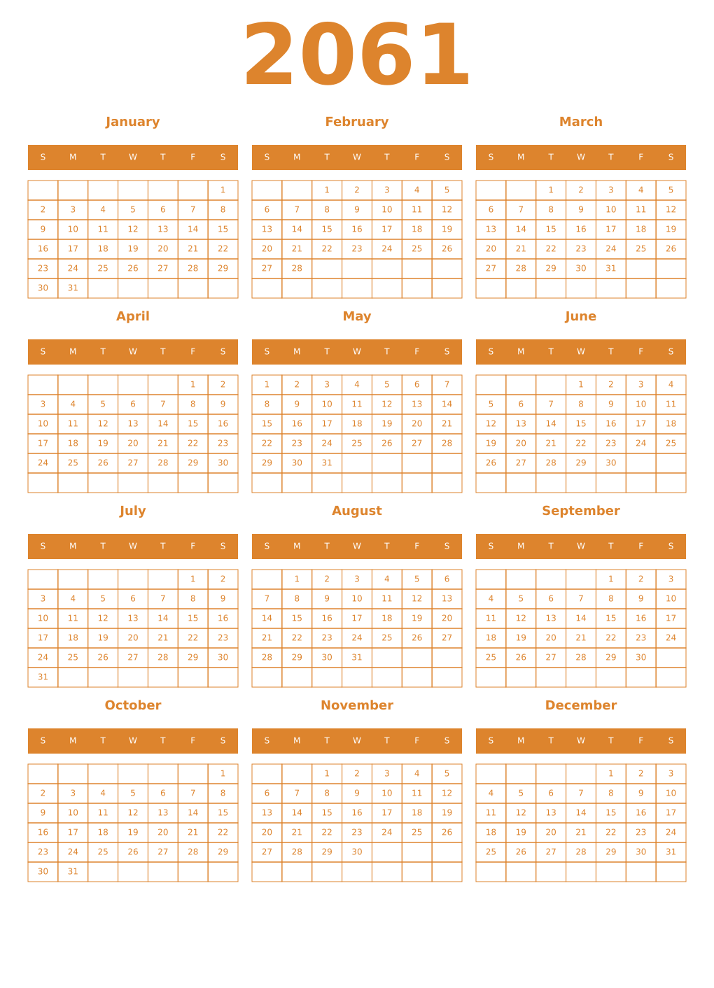Printable 2061 Year Calendars orange