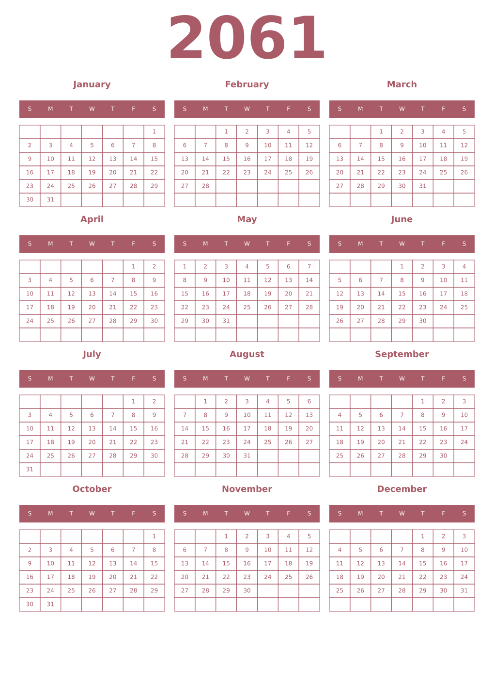 Printable 2061 Year Calendars puce