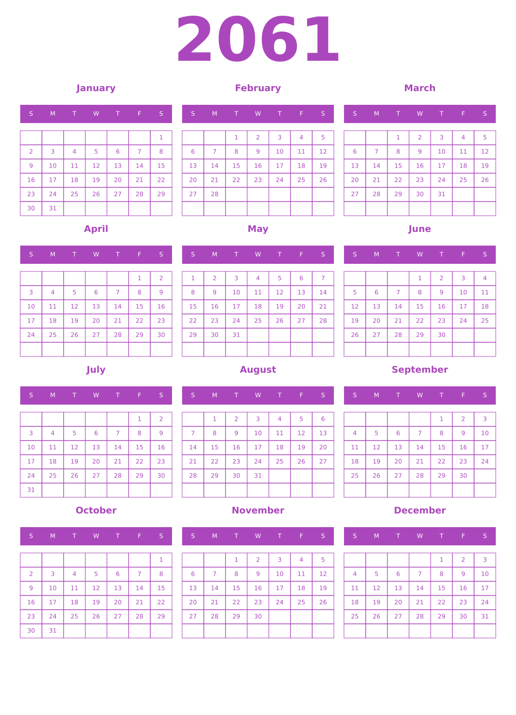 Printable 2061 Year Calendars purple