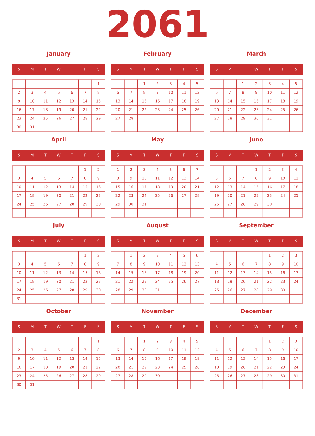 Printable 2061 Year Calendars red